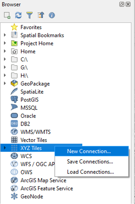 Figure 2.46. In the Browser panel, XYZ Tiles selected and New connection option highlighted.