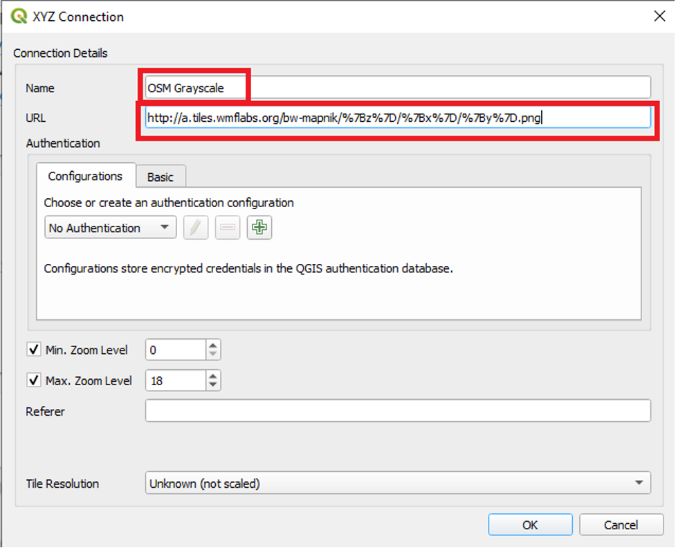 Figure 2.47. XYZ Connection page where the Name and URL are highlighted in a red box.