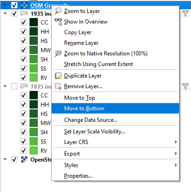 Figure 2.48. OSM Grayscale selected in the Table of Contents and the move to bottom option highlighted as the 10th option down.