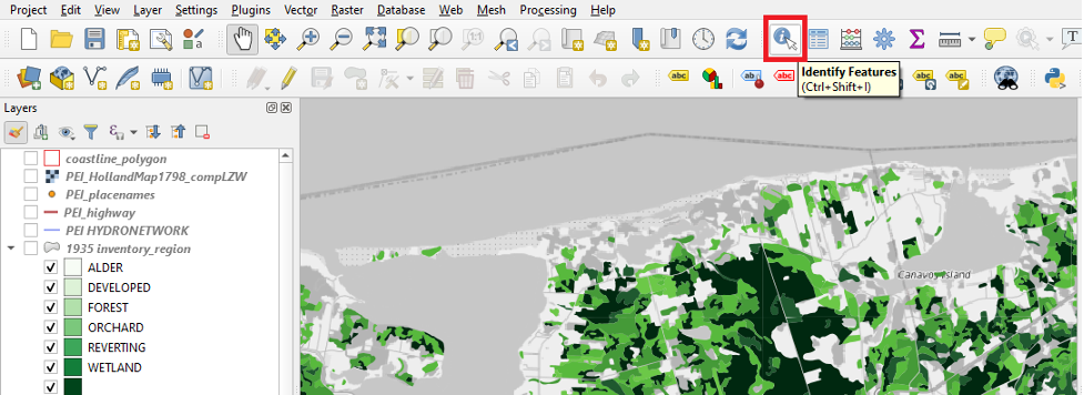 Figure 2.51. Identity Features button highlighted with a red box in the toolbar on the upper part of the QGIS project screen.