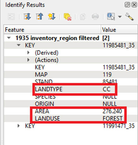 Figure 2.54. Identify Results section with the LANDTYPE, AREA, and LANDUSE values highlighted in red boxes. This shows the first feature.
