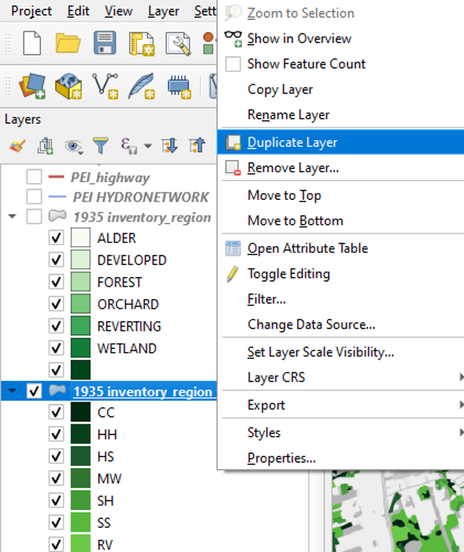 Figure 2.57. “1935 inventory region filtered and graduated” layer and Duplicate Layer selection is highlighted.