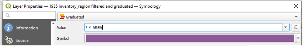 Figure 2.59. Layer Properties for “1935 inventory region filtered and graduated” with the Value section having “1.2 AREA” written in it.