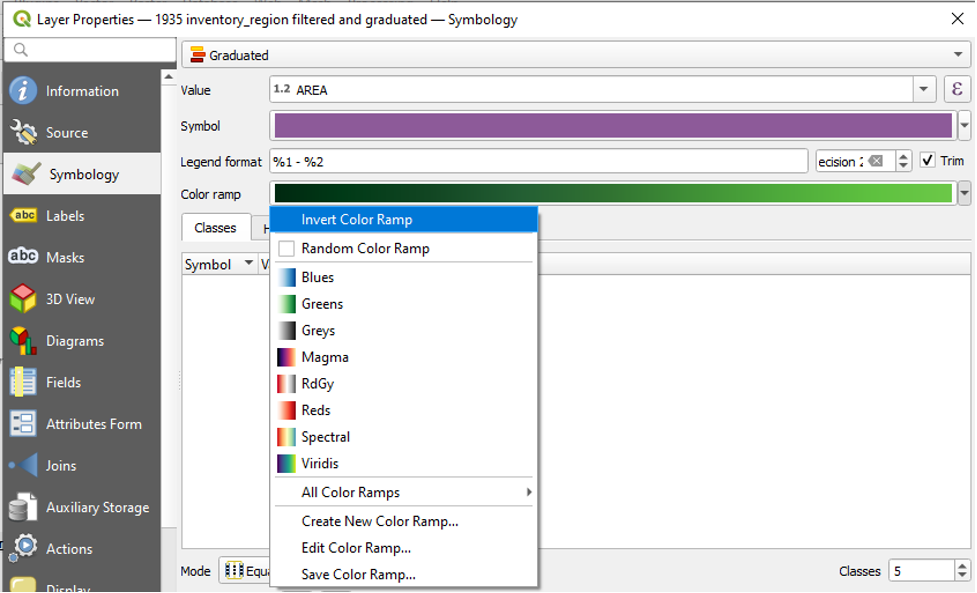 Figure 2.61. Layer properties panel with Color Ramp selected and the option of invert Color Ramp highlighted.