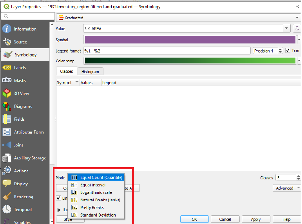 Figure 2.62. Layer Properties with the Classes tab, next to Mode, showing the dropdown arrow where the first option “Equal Count (Quantile)” highlighted in red.