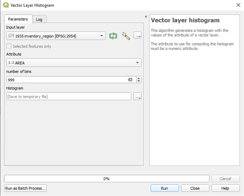 Figure 2.66. Vector Layer Histogram panel with the Input Layer “1935 Inventory_region…”, Attribute setting is “AREA”, and number of bins setting is set to 999.