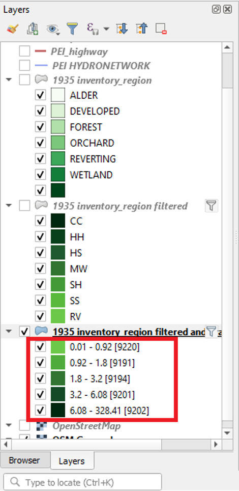 Figure 2.69. Layers panel looking at the values being highlighted in a red box in “1935 inventory region filtered and…”.