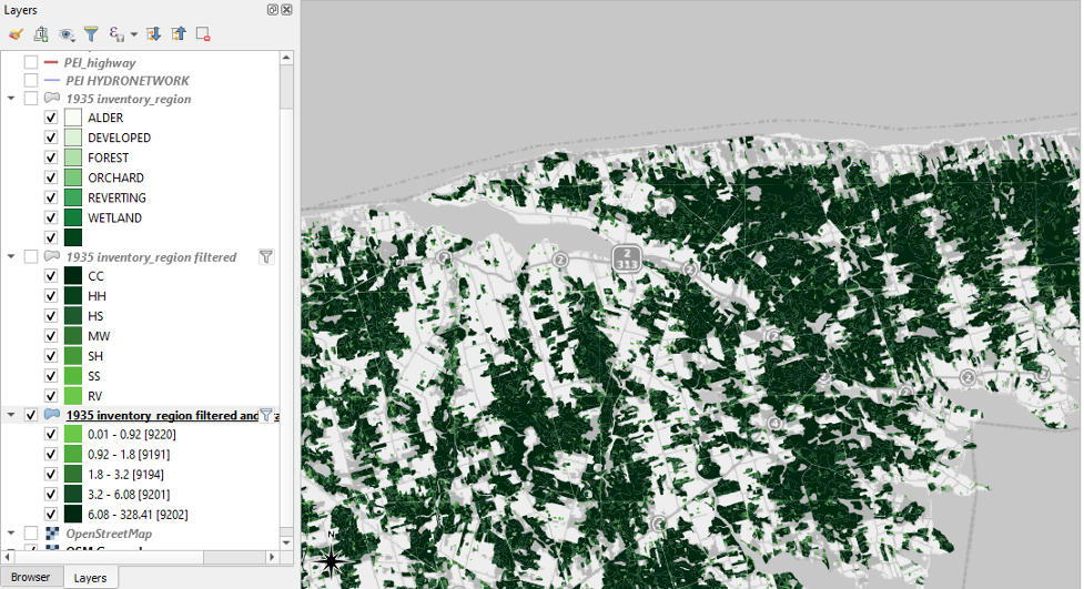 Figure 2.70. Map view with Equal Count results and the layers panel off to the left side.