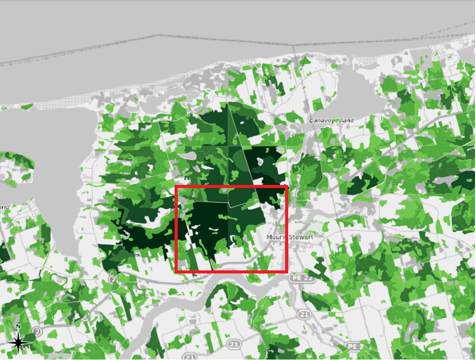 Figure 2.82. Natural Breaks symbology enabled map view focusing on the area within the red box which is near Mount Stewart.