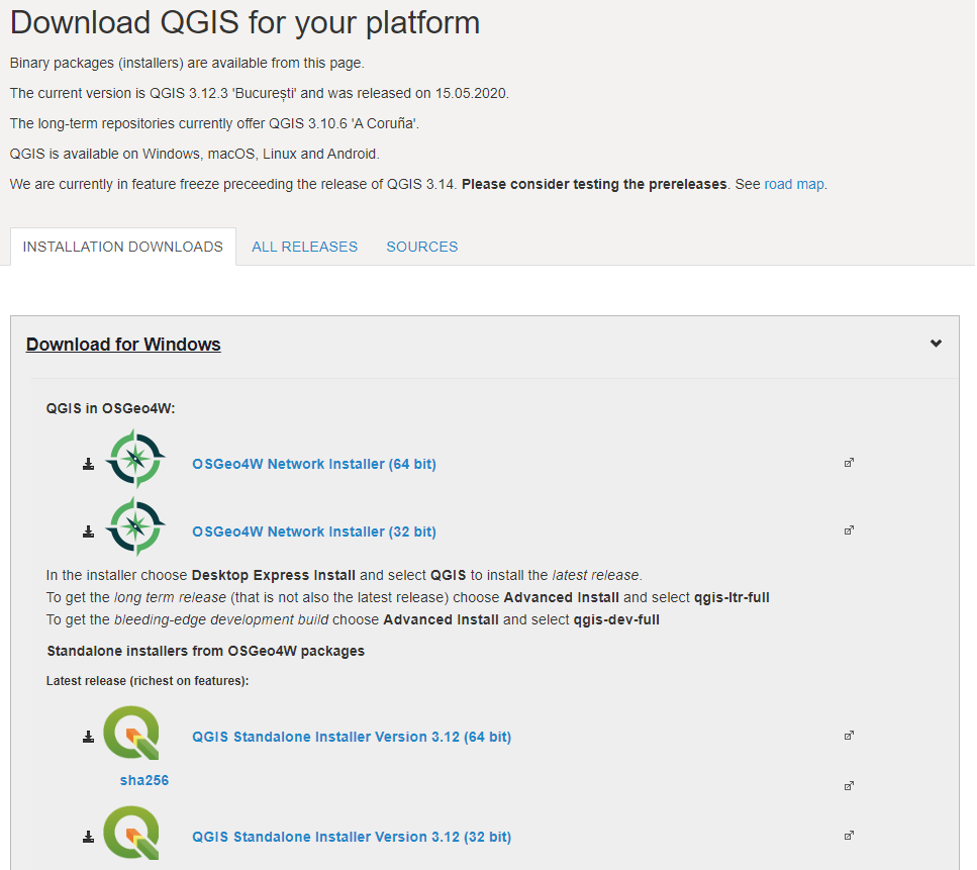 Figure 1.3. After choosing download for Windows more links will become available to use, the first two links are for Network Installers, Click the “QGIS Standalone Installer” that matches your computer’s architecture. The standalone installers are in the versions 3.12 (64bit) and version 3.12 (32bit).