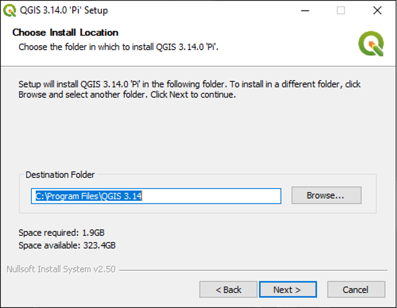 Figure 1.6 This image shows the next screen after the terms of agreement. It allows people to select where it is installed. Select the location by clicking on browse and choosing a location then at the bottom of the page select back, next, or cancel.