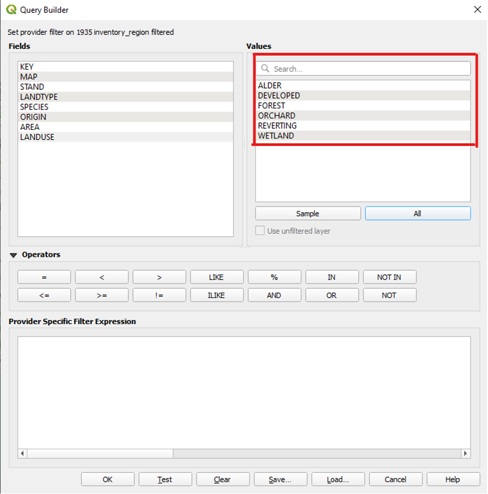 Figure 2.11. The Query Builder window values section with all the options identified with a red rectangle.