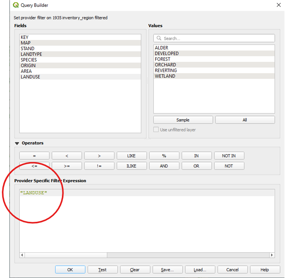 Figure 2.12. In the fields section of the Query Builder window “LandUse” was selected and it shows up as “LANDUSE” in green text and double quotation marks in the Provider Specific Filter Expression section. This is highlighted with a red circle.