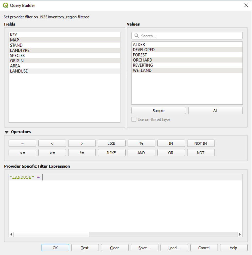 Figure 2.13. Query Builder window with the Operators equal sign selected and added to the Provider Specific Filter Expression. The field text is green and the equal sign is purple.