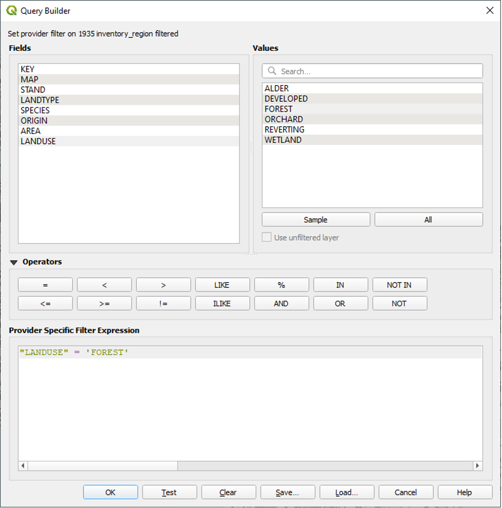 Figure 2.14. The Provider Specific Filter Expression section has “Forest” added to it. Like the LandUse field, Forest is in green, except it has single quotation marks.