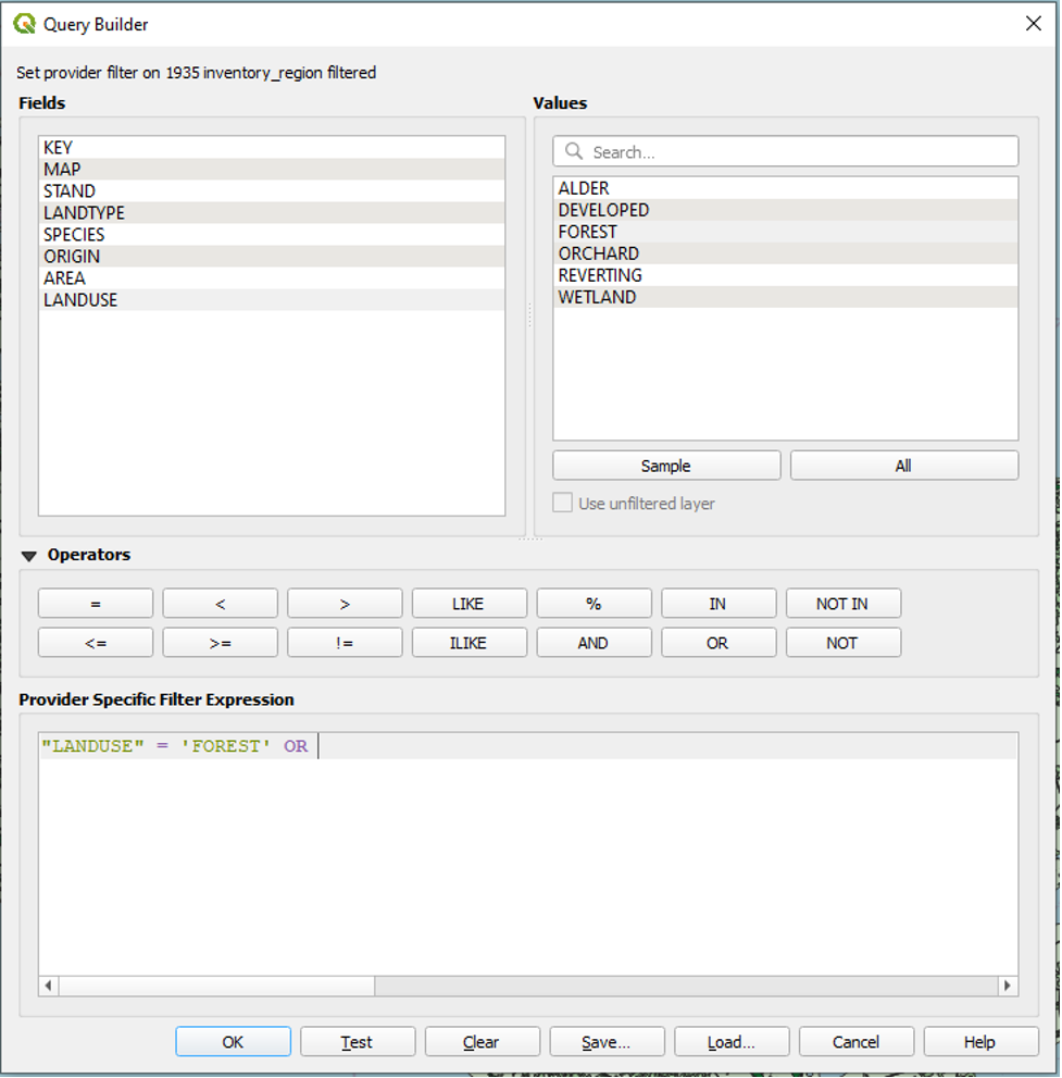 Figure 2.15. Using the operators the work “OR” is added to the Provider Specific Filter Expression section after the word forest. OR is in all capitals, and like the purple equal sign between the previous fields, the operator is shown in purple.