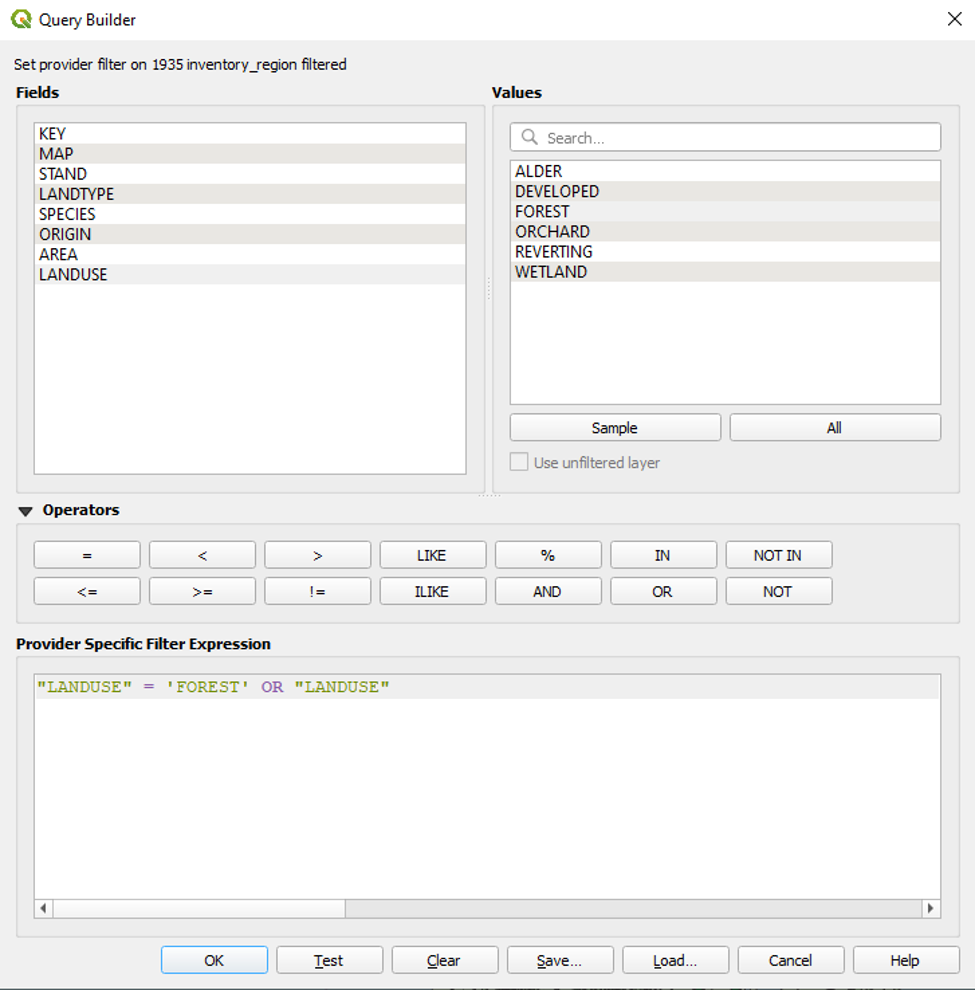 Figure 2.16. Provider Specific Filter Expression section now SAYS “LANDUSE”= ‘FOREST’ OR “LANDUSE”. The fields are in green, and the operators are in purple.