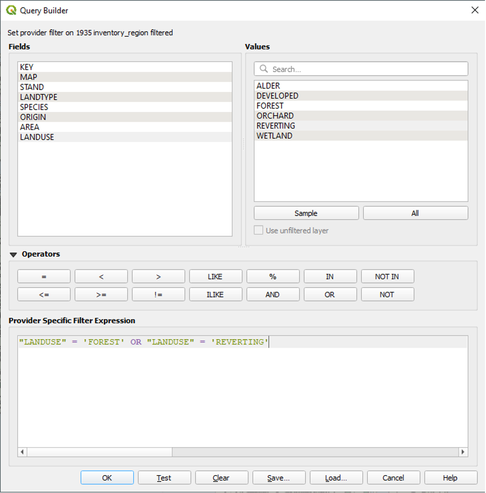 Figure 2.17. Provider Specific Filter Expression section now SAYS “LANDUSE”= ‘FOREST’ OR “LANDUSE” = ‘REVERTING’. The fields are in green, and the operators are in purple.