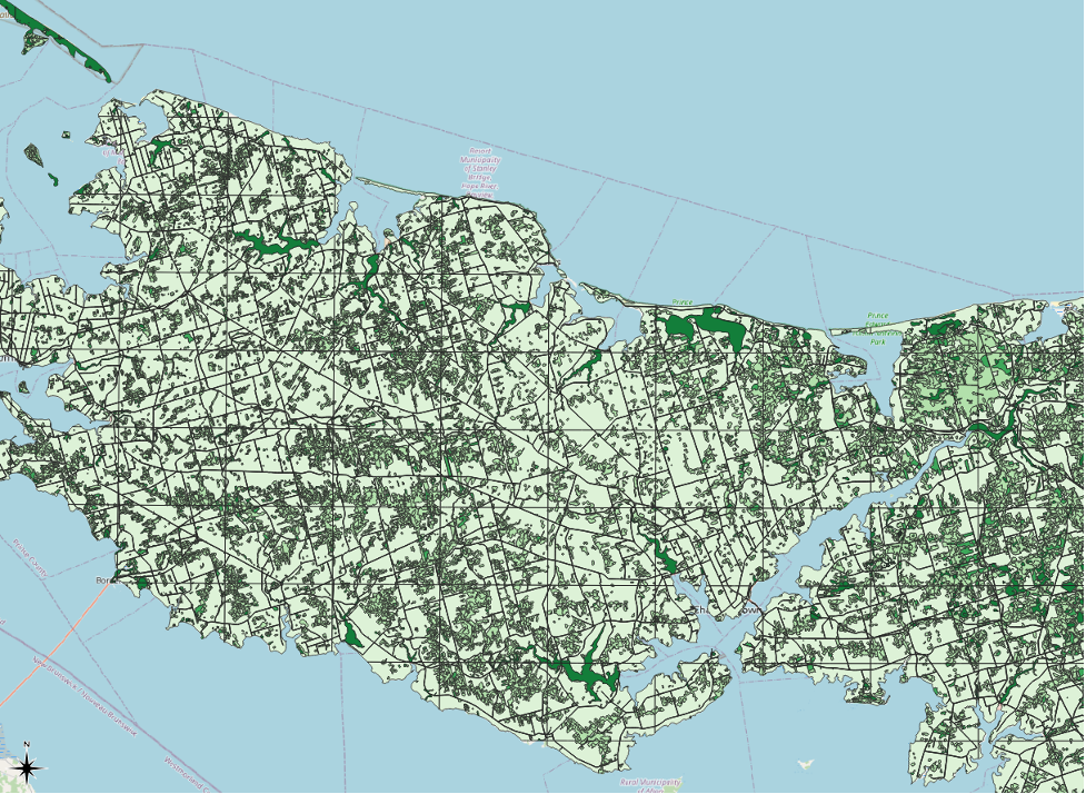 Figure 2.18. The map that was created before the current changes. It shows central PEI as a light green polygon with forest land use parcels visible in darker green.