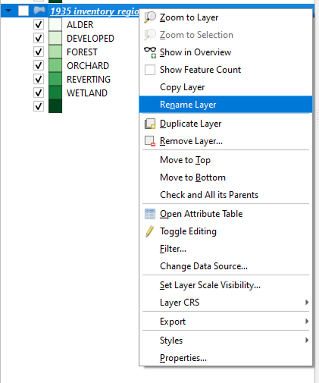 Figure 2.7. This shows after right clicking on the new copied layer the choice to rename a layer is the sixth option down.