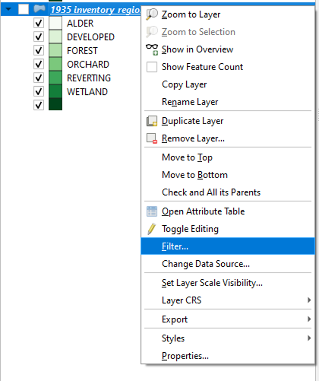 Figure 2.8 After right clicking on the layer in the table of contents the Filter selection is highlighted as the 14th option down.