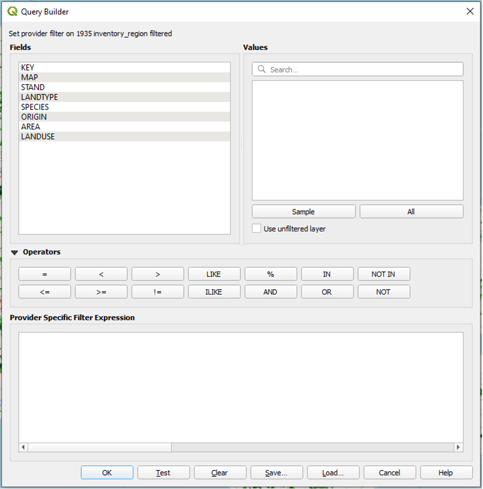 Figure 2.9. Query Builder window opened showing sections for Fields, Values, Operators, and Specific Filter Expressions.