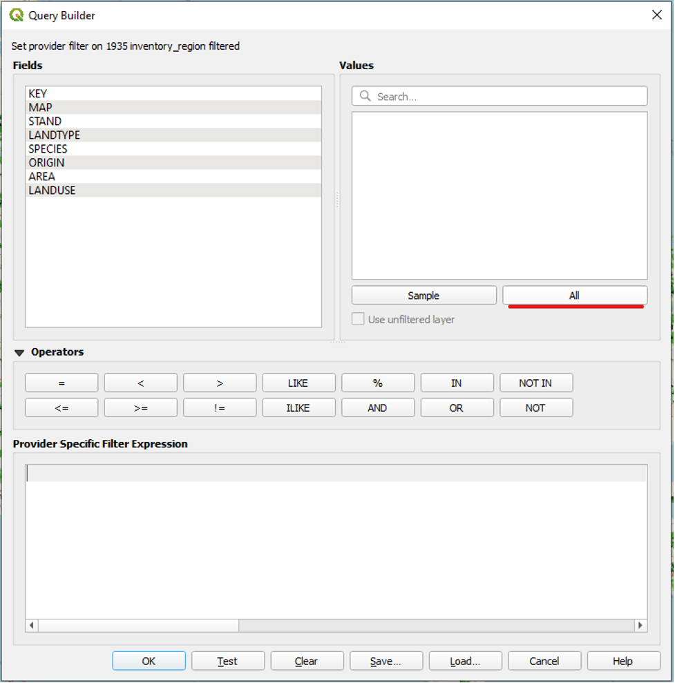 Figure 2.10. Query Builder window under the values section the button All is selected.