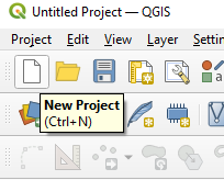 In the image, the upper left hand corner of the QGIS page the New Project Button with a white page in the icon is being pressed