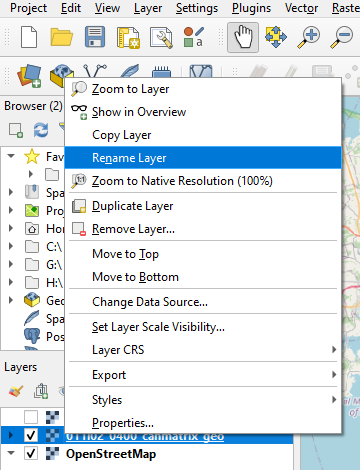 Figure 3.2. The image shows the “011l02_0400_canmatrix_geo” layer being selected from the Layers Table of Contents and a pop-up occurring where Rename Layer is the selected option (fourth option from the top of the pop-up).