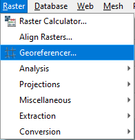 Figure 3.7. This image shows the options that appear when the Raster button is selected at the top of a QGIS project. The Georeferencer button is highlighted as the 3rd option down.