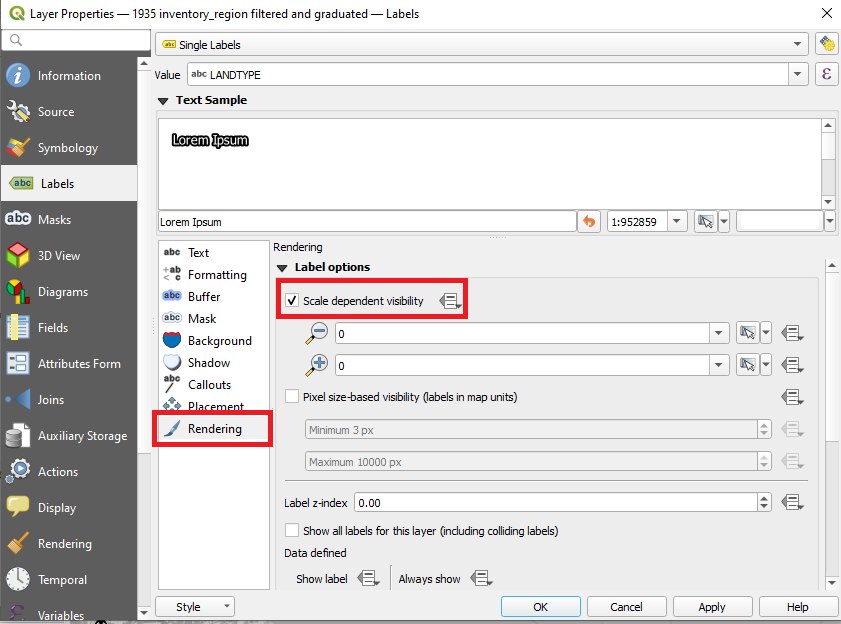 Figure 2.90. This shows the Rendering menu with the check the box next to Scale dependent visibility The rendering menu button is highlighted with a red box around it, and the Scale dependent Visibility also has a red box highlighting it.