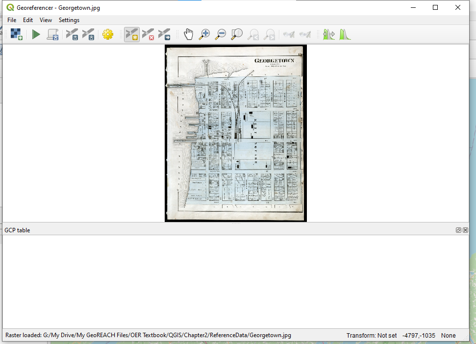 Figure 3.9. This is the Georeferencer window after the Georgetown 1880 map has been added to the white preview panel.