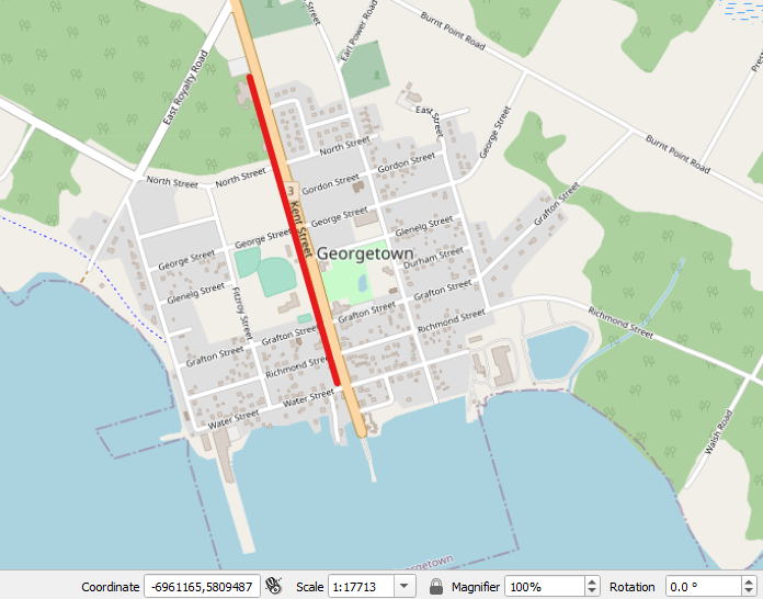 Figure 3.10. This shows the QGIS map zoomed into the OpenStreetMaps layer of Georgetown and Kent Street highlighted with a red line.