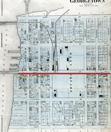 Figure 3.11. This image is the 1880 Meacham’s Atlas image in the Georeferencer preview pane with Kent Street is running horizontally and highlighted with a red line on the image.
