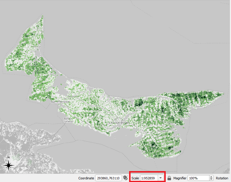 Figure 2.94. An updated map with the new scale being highlighted with a red box around it.