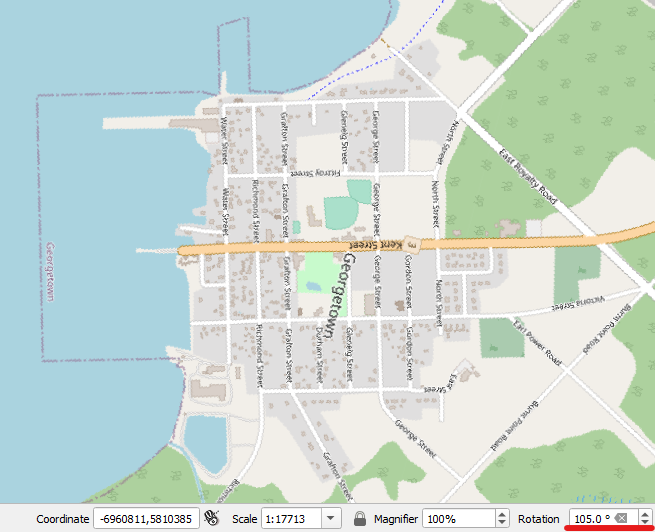 Figure 3.12. This shows the OpenStreetMaps map with the rotation value changed to 105.0° as seen in the bottom right hand corner of the image with the red underline.