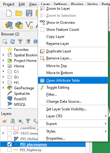 Figure 2.96. The PEI_placenames layer with the dropdown options open to view, with the Open Attribute Table highlighted.