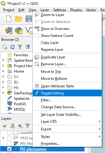 Figure 2.98. Viewing PEI_placenames layer and the dropdown options where Toggle Editing is highlighted.