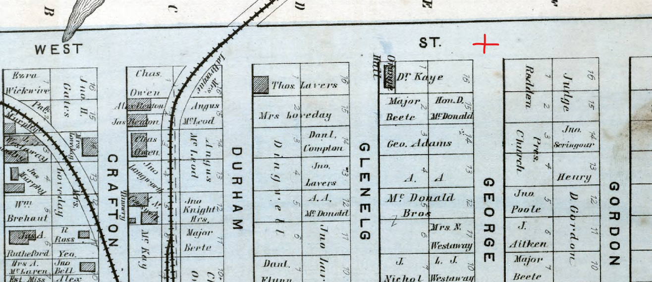 Figure 3.16. A red plus sign is drawn in the middle of the road where West St. and George St. intersect in the upper right area of the Atlas image.