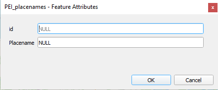 Figure 2.101. New label dialogue text pop-up. The first part is an id that is available to be put in, and the second option is placename. OK and Cancel are written in the bottom right hand corner of the pop-up.