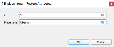 Figure 2.102. New label dialogue text pop-up. With The id written in as 5, and the placename written in as Alberton. OK and Cancel are written in the bottom right hand corner of the pop-up.