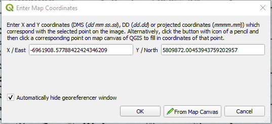 Figure 3.20. The “Enter Map Coordinates” window pop-up with coordinates now filled into the x/East and Y/North boxes.
