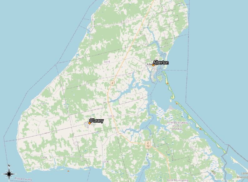 Figure 2.104. Updated map with O’Leary and Alberton labeled.