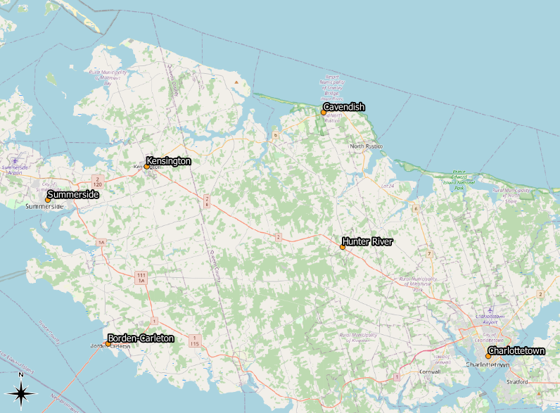 Figure 2.105. Updated map with Kensington, Borden-Carleton, and Hunter River new labels.