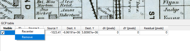 Figure 3.24. This image shows the Georeferencer window, where there is a “GCP Table,” with information about the single control point created in the top row.