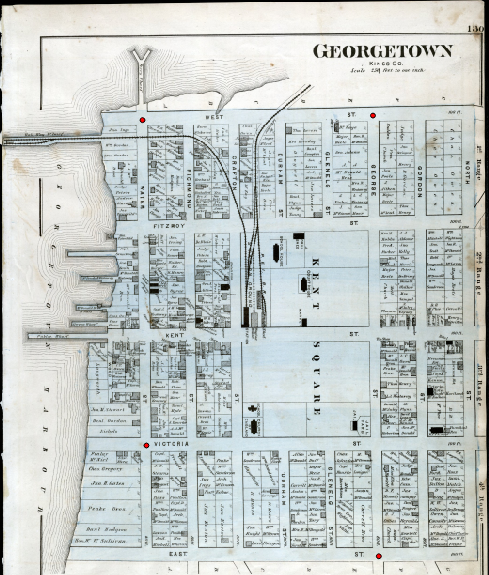 Figure 3.25. This shows the Atlas map with four control points added to it, each marked by a red dot in the middle of a street.