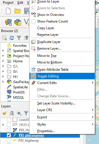 Figure 2.108. PEI_placenames layer and highlighted is the Toggle Editing button.