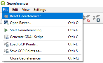Figure 3.27. This shows that in the Georeferencer window, under File a Reset Georeferencer option is the first option available.