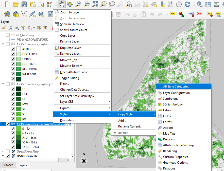 Figure 2.110. QGIS window containing the project that features the layer whose style you would like to copy, right-click this layer and click Styles, and then Copy Styles, and then All Style Categories.