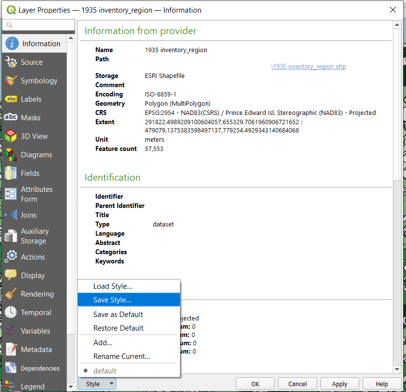 Figure 2.113. At the bottom of the Information window, Style is selected and a pop-up appears in which Save Style is selected.